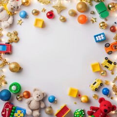 A collection of toys and decorations, including a teddy bear, a toy car, and a toy truck, arranged in a circle on a white background. Concept of warmth and playfulness