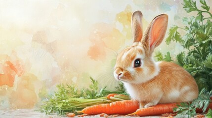 Cute bunny sitting on carrots with colorful watercolor background and greenery