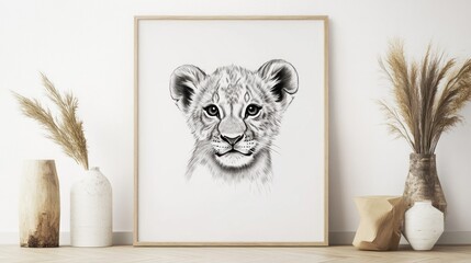 Lion cub portrait, monochrome art print, minimalist decor