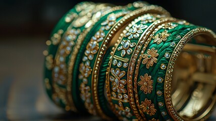 golden and green bangles with diamonds. generative ai