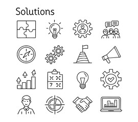 Naklejka premium Solution thin line icon vector set. Containing problem solving, light bulb, idea, strategy, creativity, innovation, meeting, teamwork, connecting, management, puzzle, creative, invention,