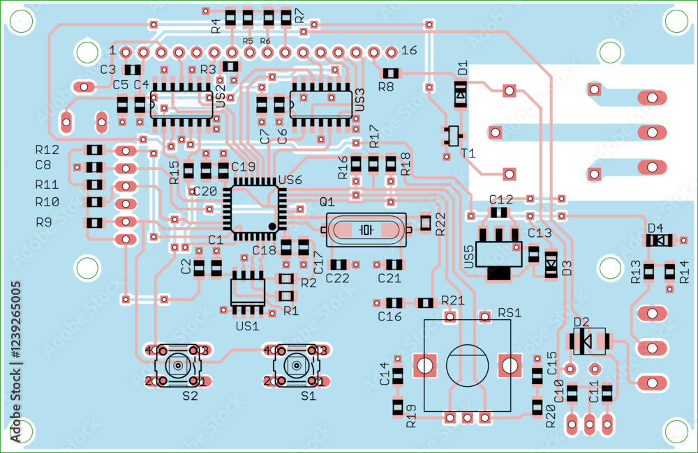 Poster vector printed circuit board of electronic device with components of radio elements, conductors and 