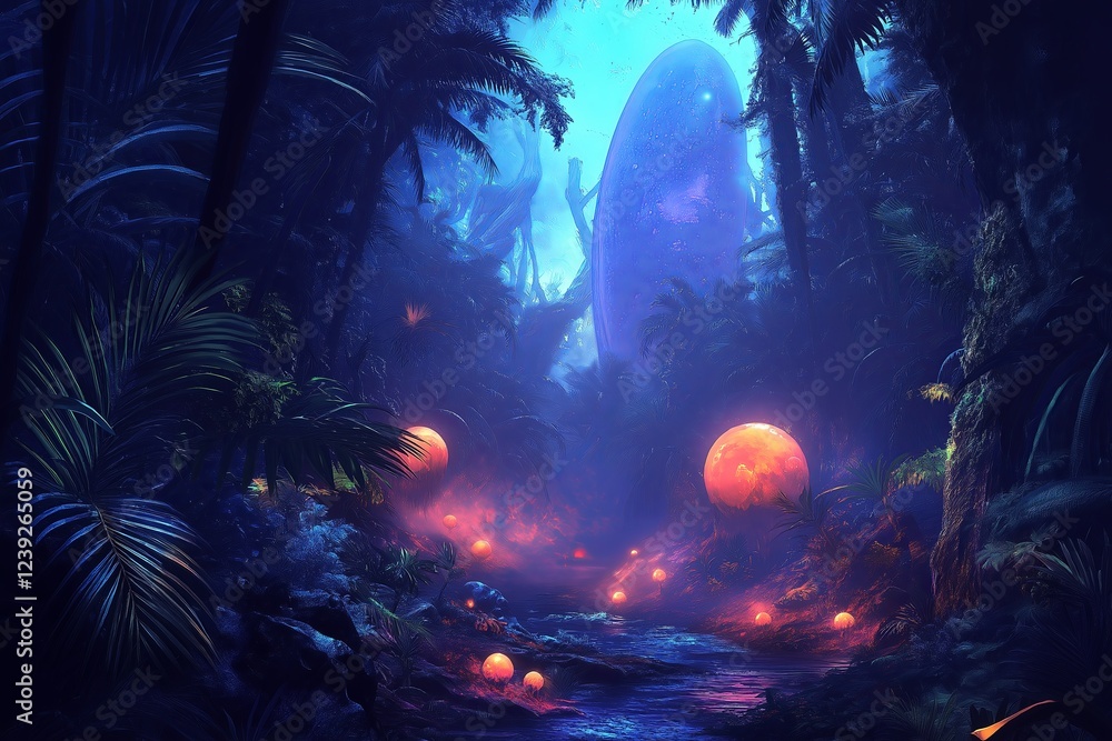 Poster an alien jungle with massive glowing plants and strange floating orbs.