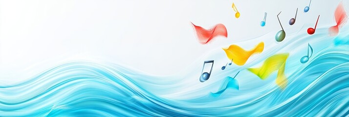 Obraz premium Aquatic Symphony: Notes in Motion - Serene waves, colorful musical notes, flowing rhythm, abstract art, and tranquil soundscape. Evokes peace and harmony.