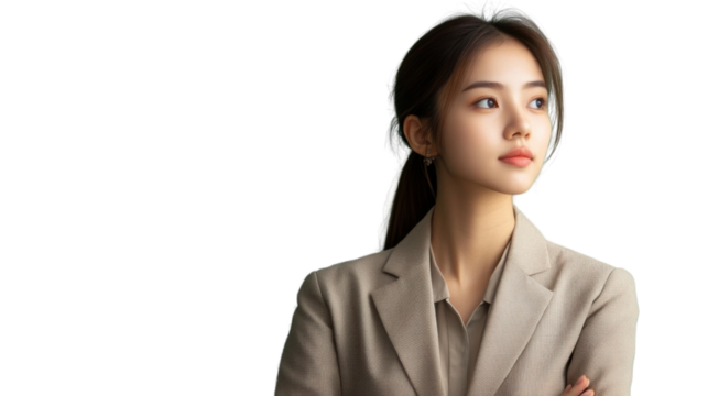 Young asian businesswoman is posing with folded arms on transparent background
