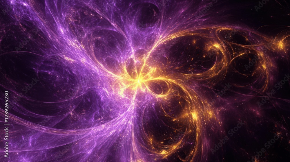 Poster abstract glowing nebula with purple and gold threads creating a vibrant cosmic swirl
