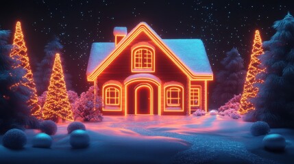 Fototapeta premium Festive winter cabin with glowing lights and snowy landscape under starry night sky