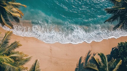 Aerial View of Serene Tropical Beach with Clear Blue Water and Palm Trees