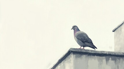 Obraz premium Lone pigeon perched on rooftop, overcast sky