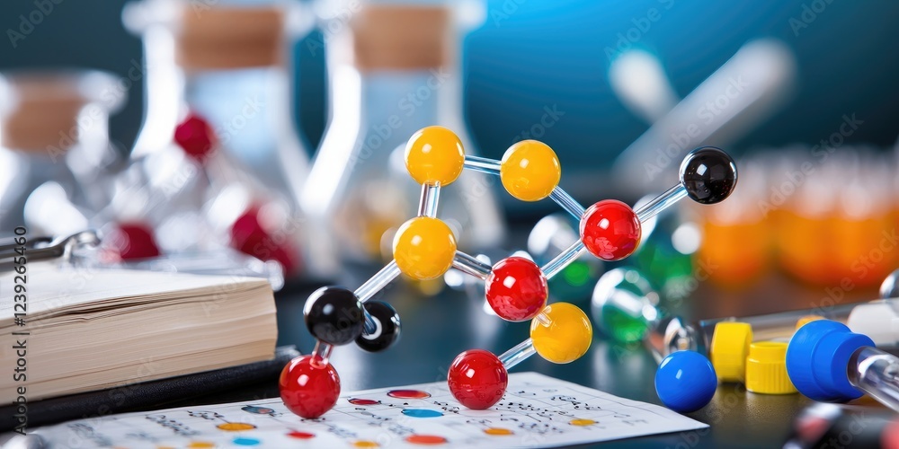 Poster academic setting with a researcher studying the periodic table and lab apparatus