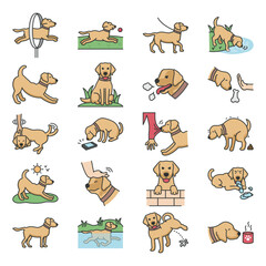 Dog activities icon set. dog walking, dog on a leash with the owner, linear icons, dog training illustrations for commercial use