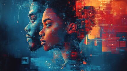 Profile portrait of a man and woman with abstract digital background in blue and red