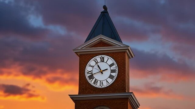Tower Clock Against Dramatic Sky at Sunset with Vibrant Colors