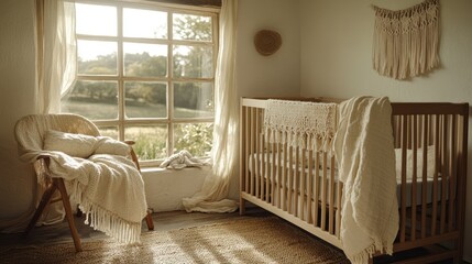 Rustic Nursery, Sunlight, Crib, Chair, Window, Pastoral