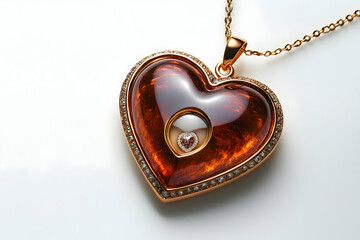 A heart-shaped necklace with a pendant inside against pure white background.