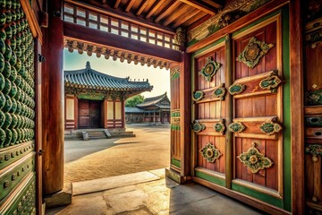 Obraz premium Traditional Korean Palace Wooden Door with Intricate Carvings