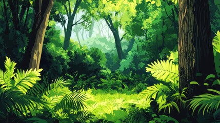 Fototapeta premium Lush Green Forest Sunlight Through Canopy