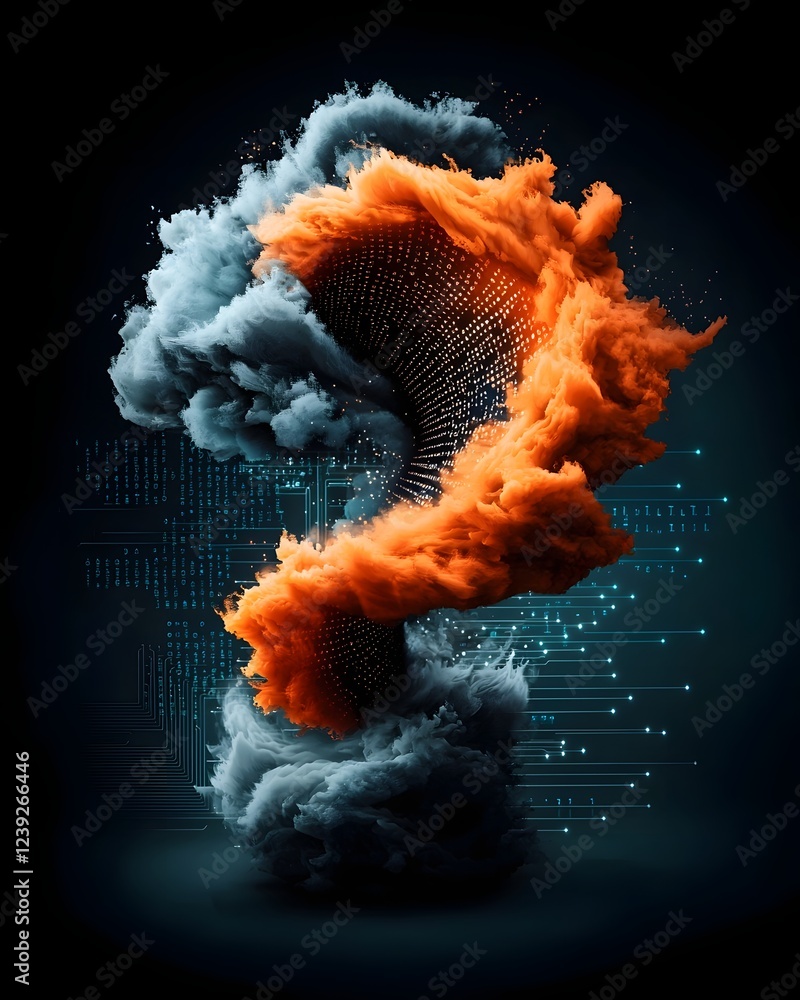 Poster captivating abstract artwork depicting swirling vortexes of computer script digital symbols