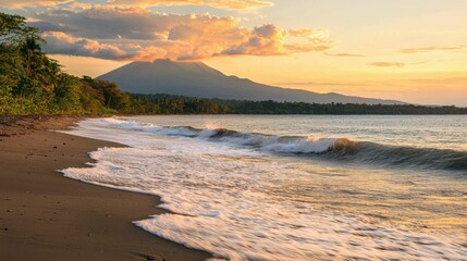Serene Coastal Landscape with Mountain and Sunset View