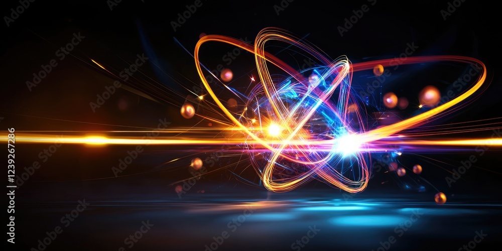 Poster Dynamic particle collision visualization, glowing particles in motion against a dark neutral background