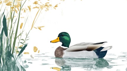 Obraz premium Mallard duck on calm water, reeds background, nature illustration, website design