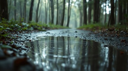 Fototapeta premium Rainy Day in the Forest: A Puddle's Reflection