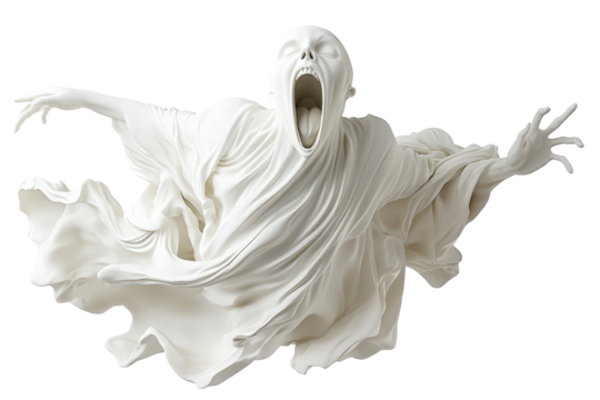Isolated White Ghost Figure Screaming with Arms Extended