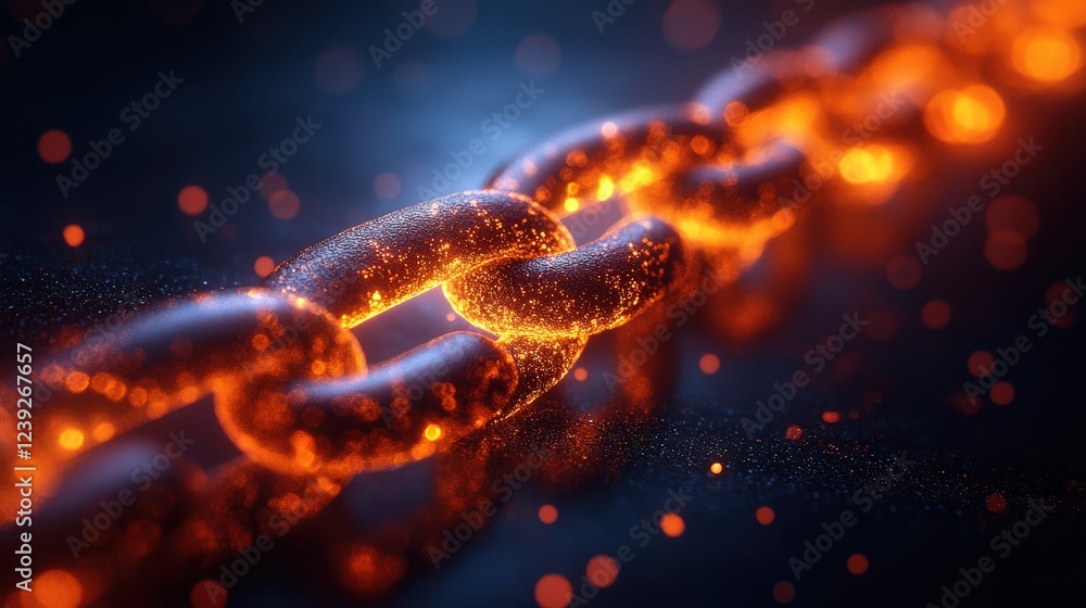 Poster glowing chain links illuminated against a dark background with sparkling particles around
