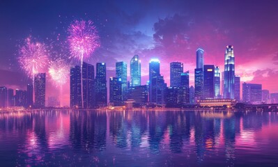 Obraz premium Nighttime Cityscape with Colorful Fireworks Over Water Reflections and Vibrant Skyline in Urban Environment during Festival Celebration