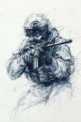 Fototapeta premium High-detail sketch of a tactical soldier aiming a loaded rifle