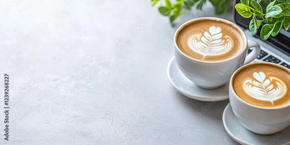 Aufkleber group of colleagues discussing a project with a laptop and coffee cups, neutral background, image st