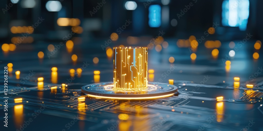 Fototapete Quantum computing circuit board glowing with intricate connections, showcasing advanced computational power in a minimalistic setting