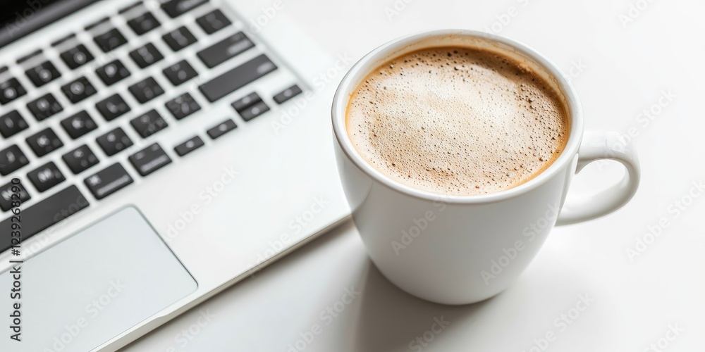 Aufkleber group of colleagues discussing a project with a laptop and coffee cups, neutral background, image st