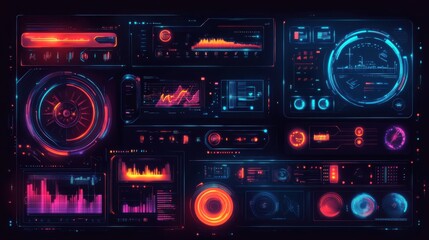 Futuristic neon data dashboard with interactive graphs and ui elements