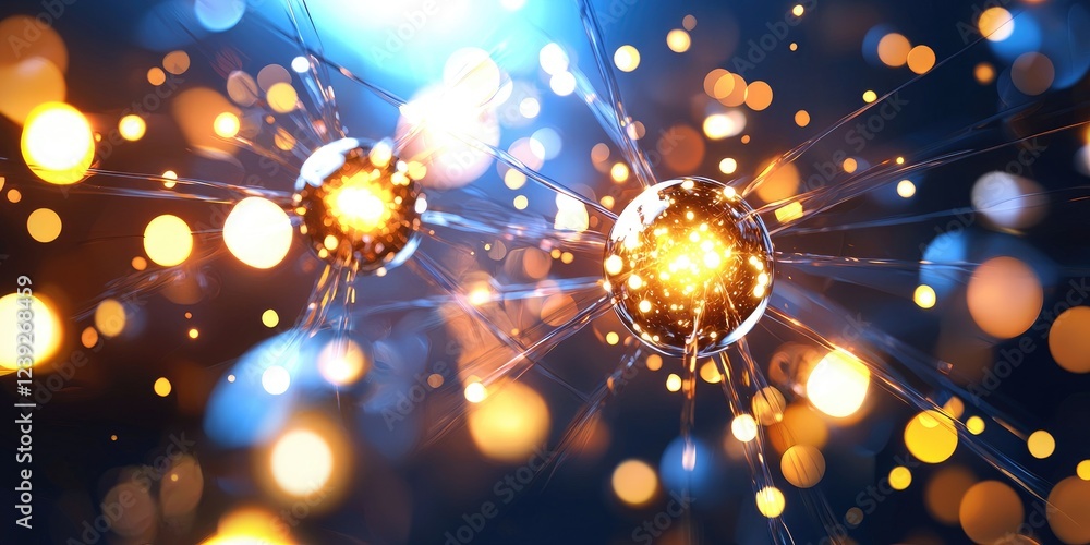 Poster artistic depiction of subatomic particle interactions, bright glowing orbs colliding in space, neutr