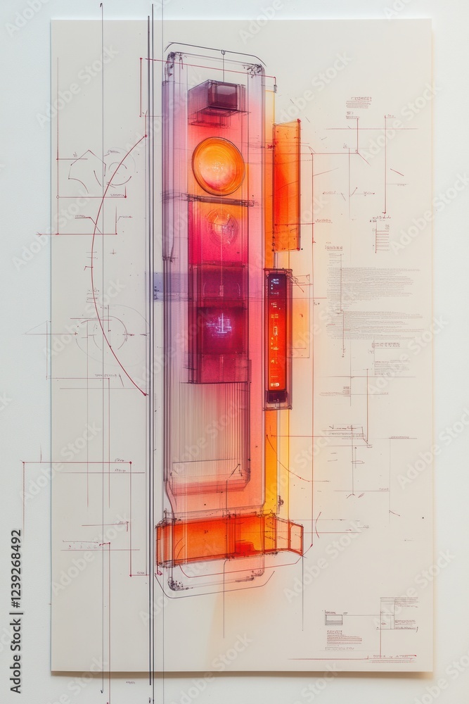Aufkleber abstract design of a technological device with engineering schematics overlay