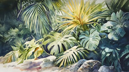 Lush Tropical Foliage Watercolor Painting Of Plants And Rocks