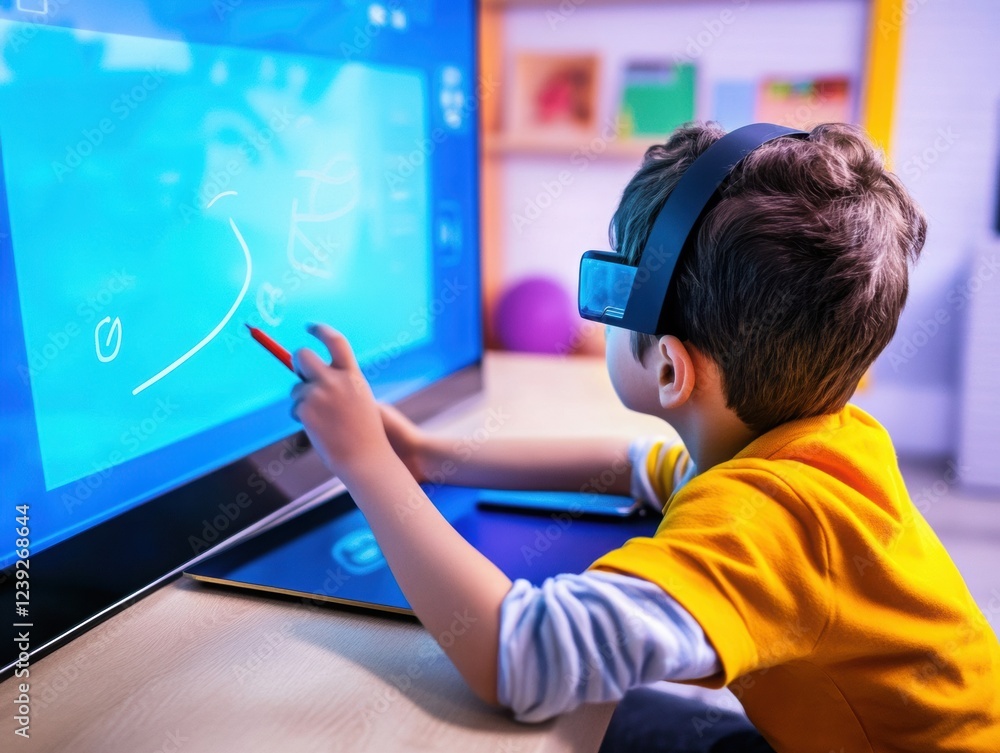 Poster a child studying online with the help of a smart assistant and interactive board.