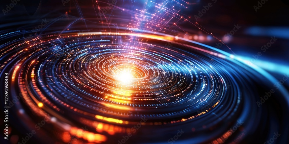 Poster Abstract representation of a quantum computer with swirling data streams, emphasizing immense computational power, set against a neutral background