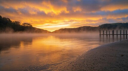 Serene Sunset Over Misty Lake with Reflections and Tranquil Sky