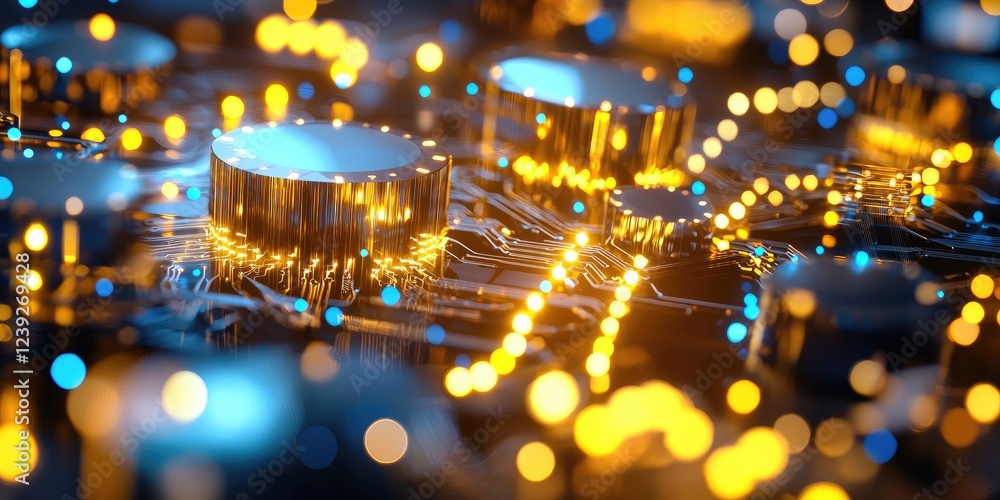 Fototapete quantum computing chips with glowing patterns, surrounded by technical tools, symbolizing advancemen