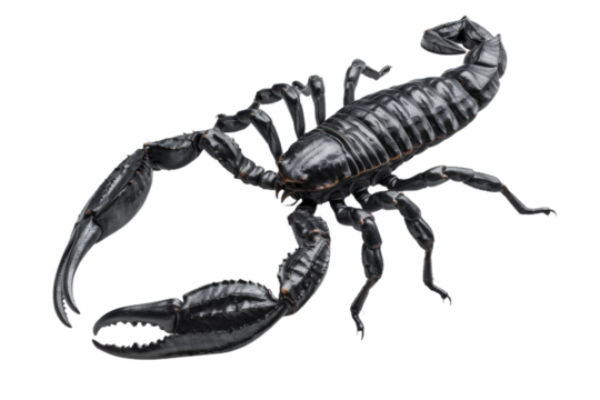 Large black scorpion with detailed claws and tail ready to strike with defensive posture