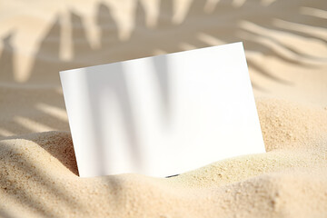 Blank white business card mockup on textured sand beach with palm leaf shadows, harsh light, tropical vacation concept, travel tourism branding
