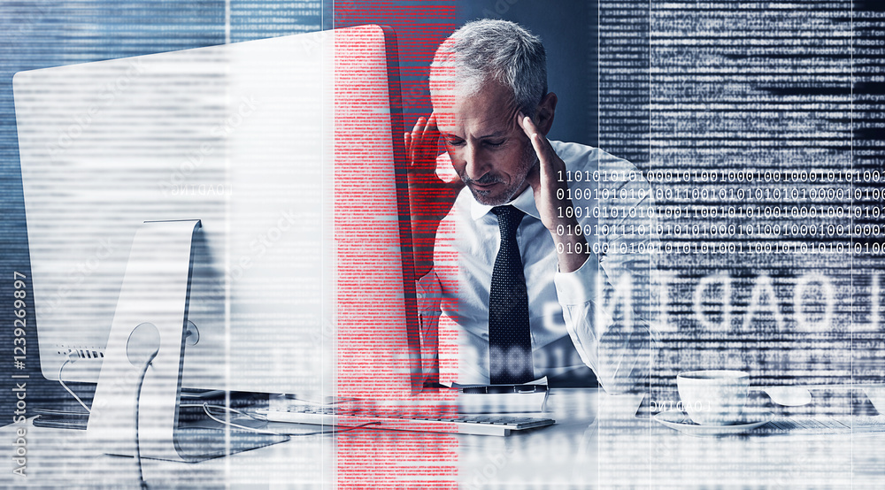 Poster Business man, stress and overlay with code, glitch and headache by computer with system crash at office. Person, pc and frustrated with programming, pain and migraine with error, IT and hologram