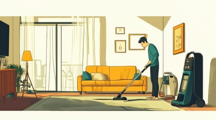Person Vacuuming Living Room with Modern Design and Yellow Sofa
