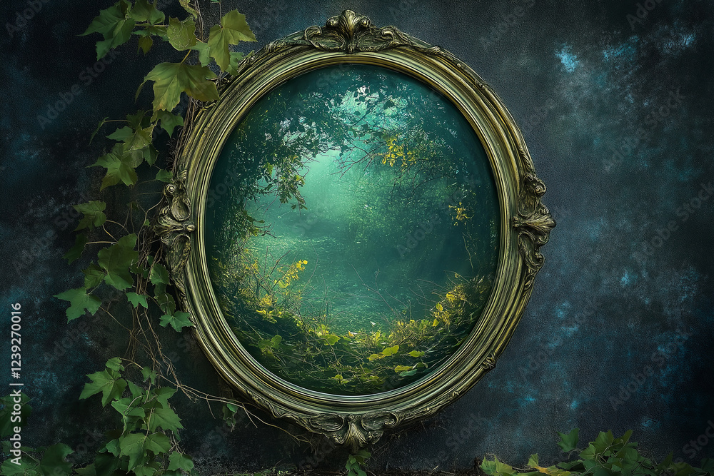 Poster an enchanted mirror reflecting a world of magic while the real world remains normal