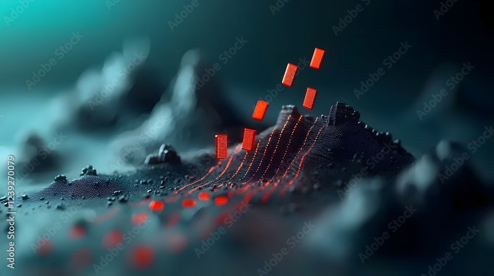 Poster cascading lines of binary code flow across a mysterious shadowy landscape evoking the essence of dig