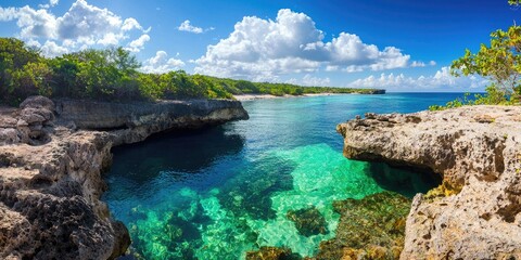 Obraz premium Isolated tropical cove featuring crystal clear waters and dramatic rock formations