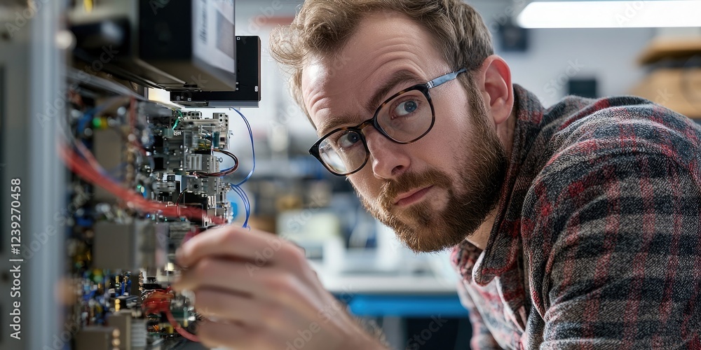 Poster scientist working with a quantum computer, showcasing high-tech monitoring of computational power, i