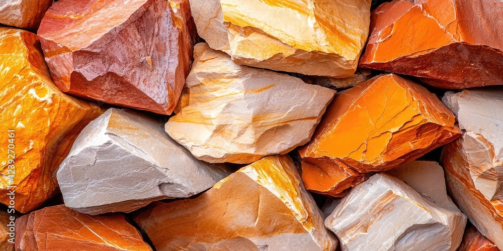 Poster a close-up of colorful rock formations with distinct textures, set against a neutral backdrop